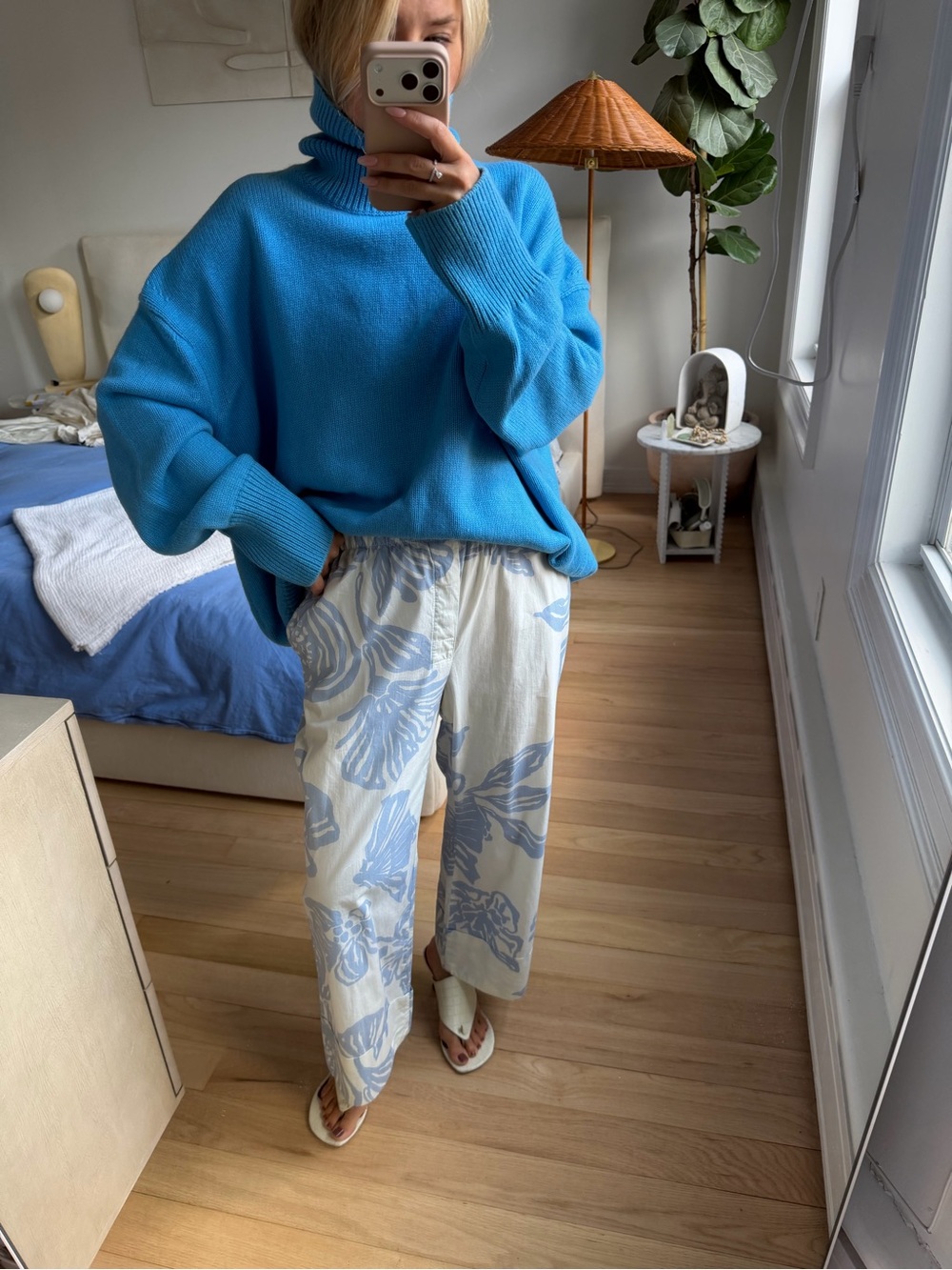 Zara Cream And Blue Flowers Print Pijama Pants Size Small